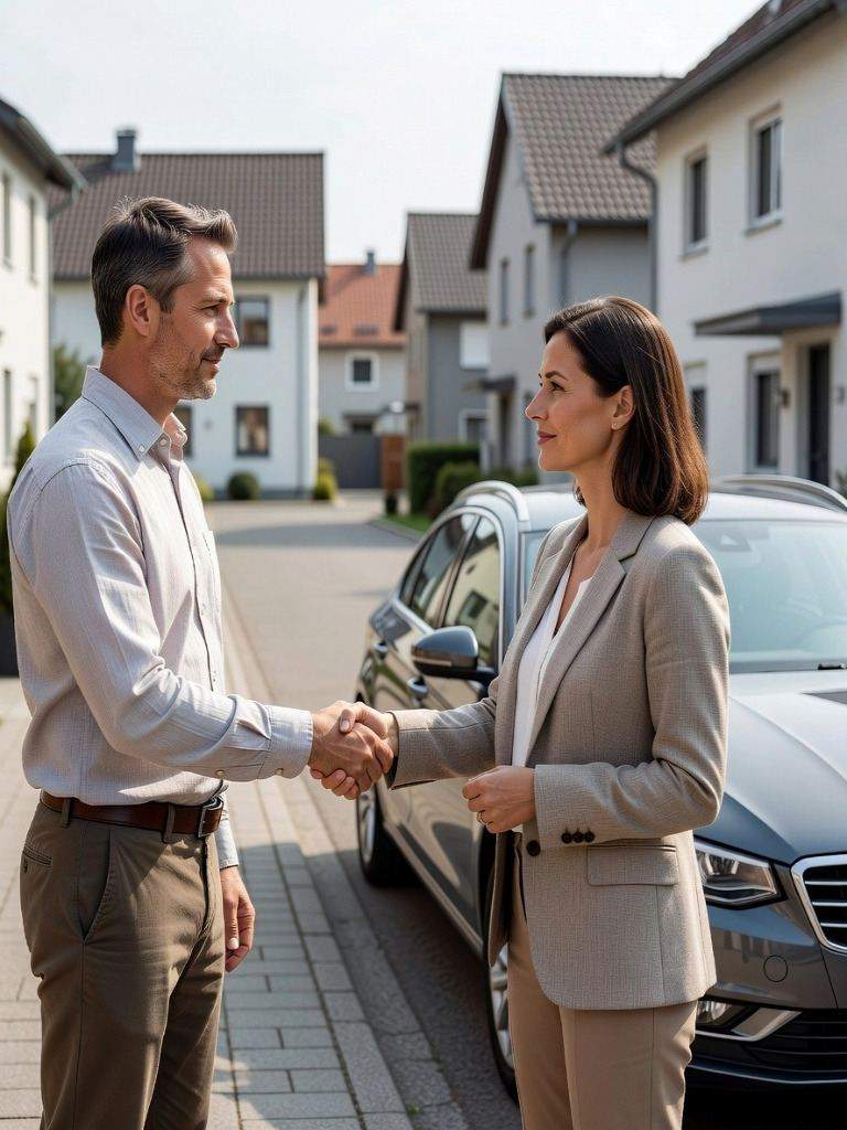seriöser und geprüfter Autoankäufer mitten beim Vertragsabschluss in einer Wohngegend in Nümbrecht